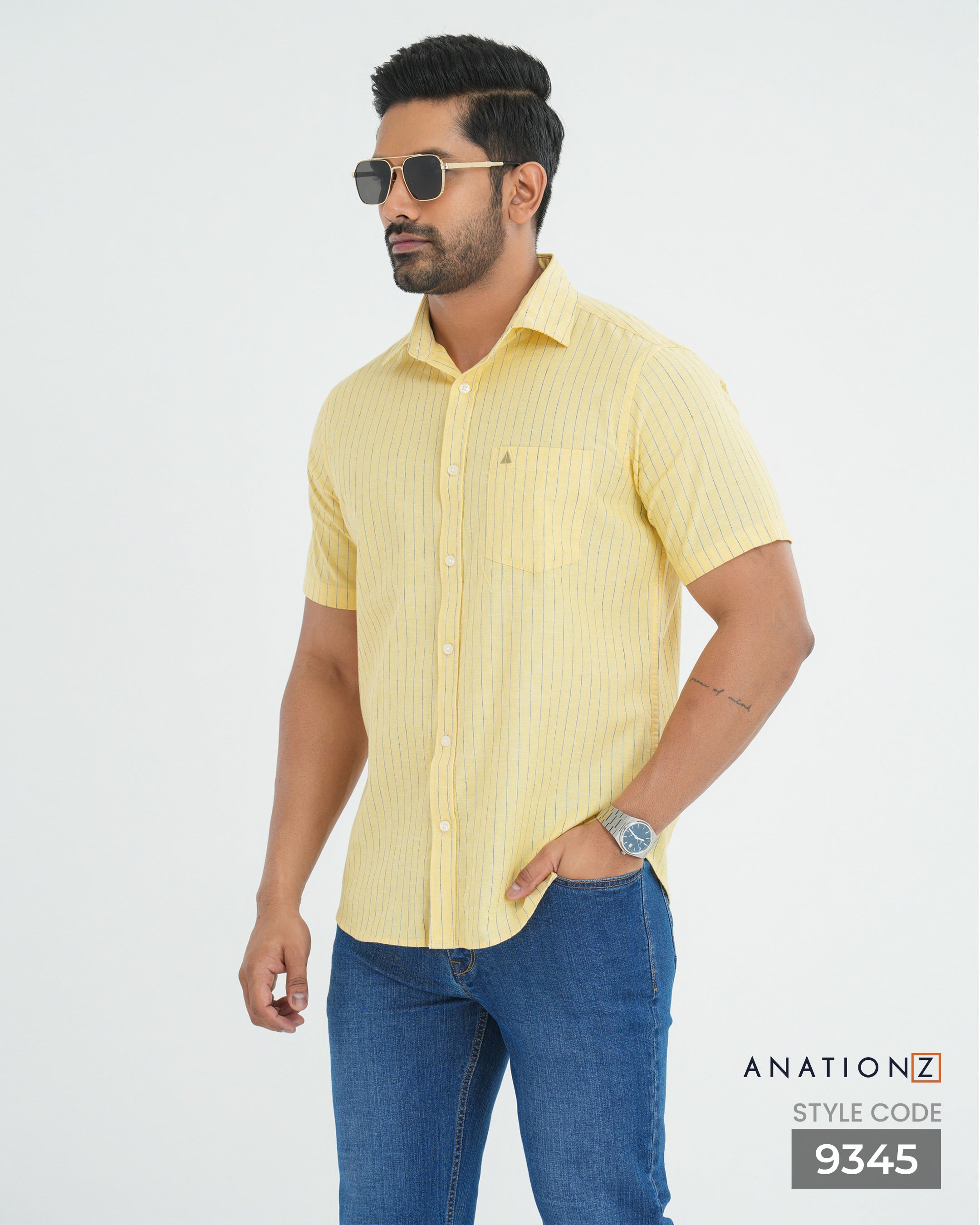 Linen Cotton Stripe Short Sleeve Shirt - Yellow