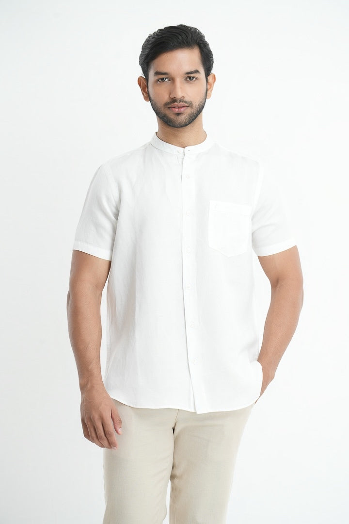 Mandarin Collared Tencil Hemp Shirt - White