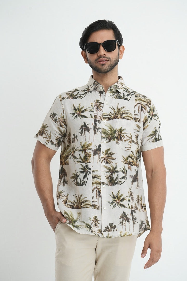 Printed linen cotton shirt - Floral Beige