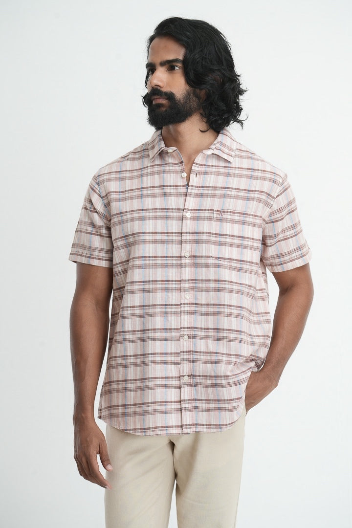 Linen Cotton Checkered Shirt - Peach