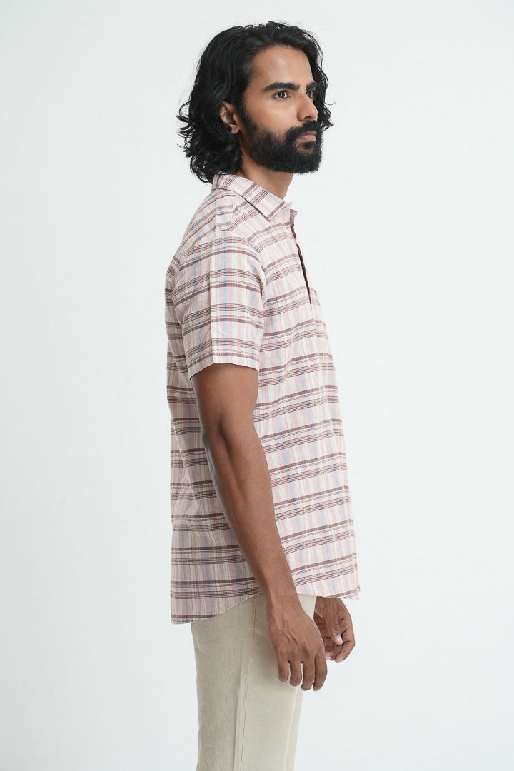 Linen Cotton Checkered Shirt - Peach