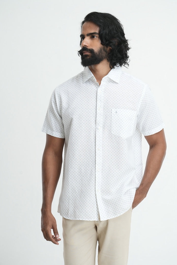 Printed linen cotton shirt - White