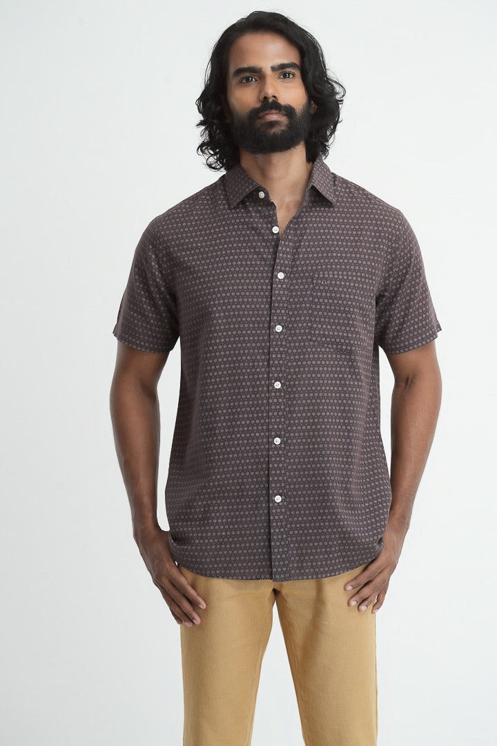 Printed linen cotton shirt - Cocoa