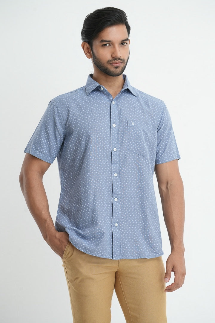 Printed linen cotton shirt - Light blue