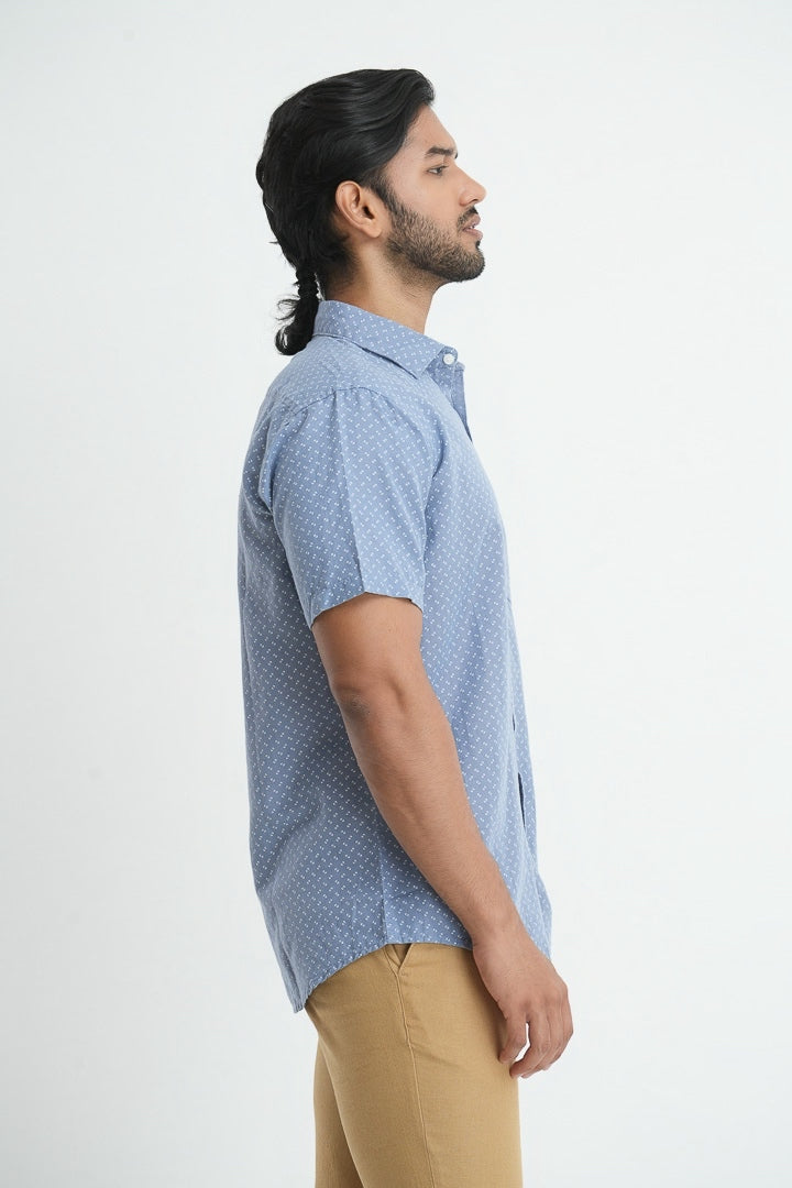 Printed linen cotton shirt - Light blue