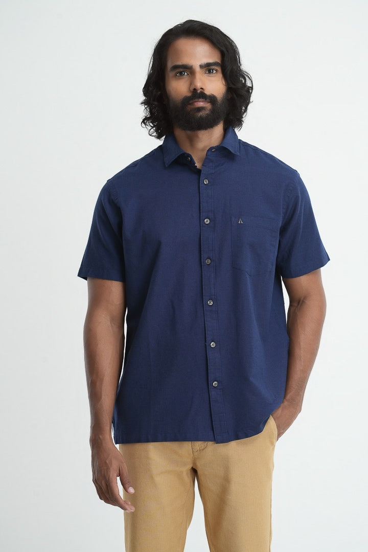 Classic Straight Cut Linen Cotton Shirt - Navy Blue