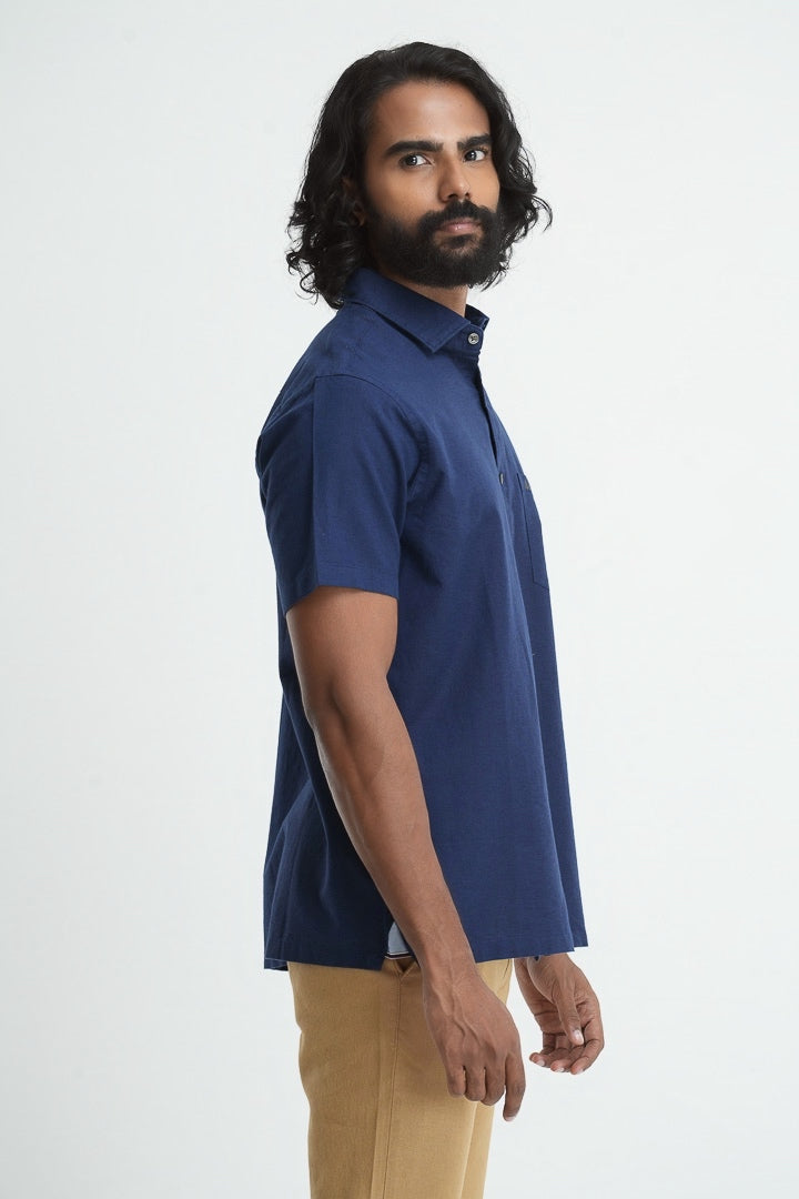 Classic Straight Cut Linen Cotton Shirt - Navy Blue