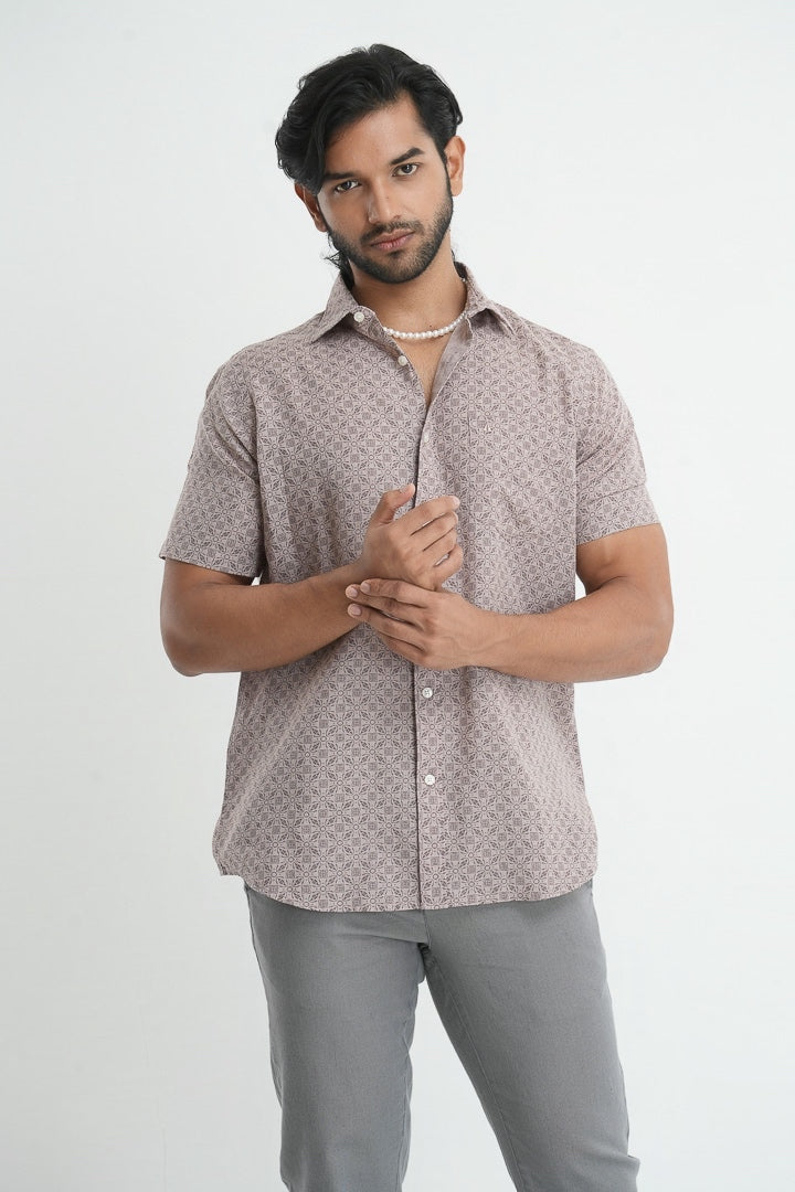 Printed linen cotton shirt - Light Brown