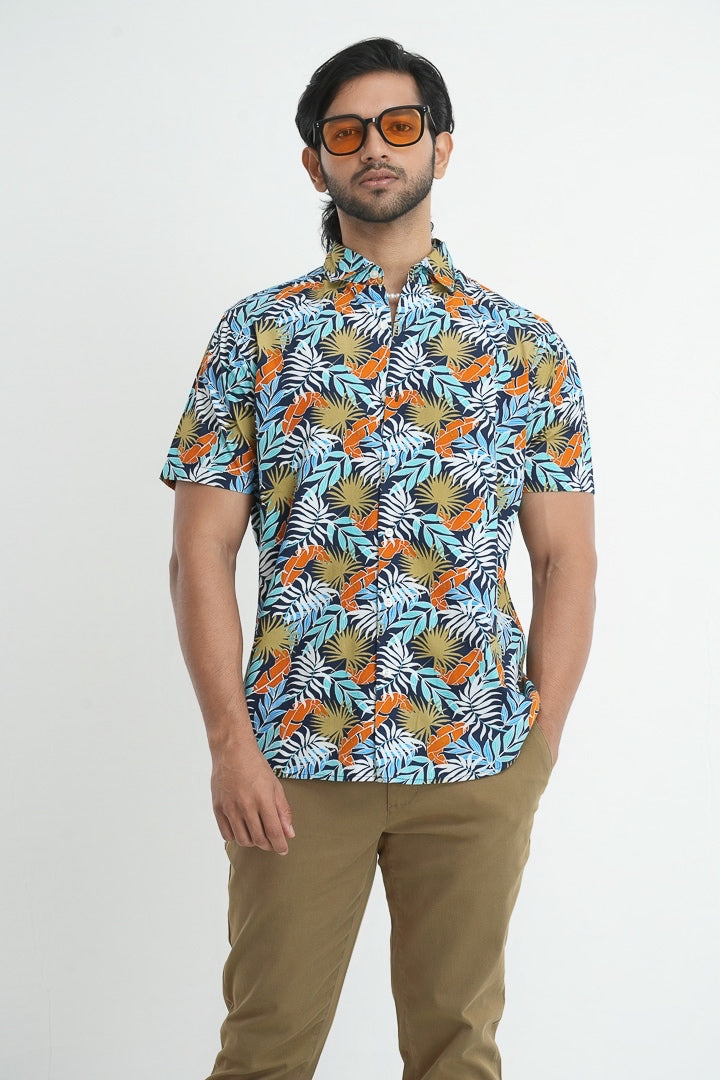 Blue Tropical Cotton Printed Shirt