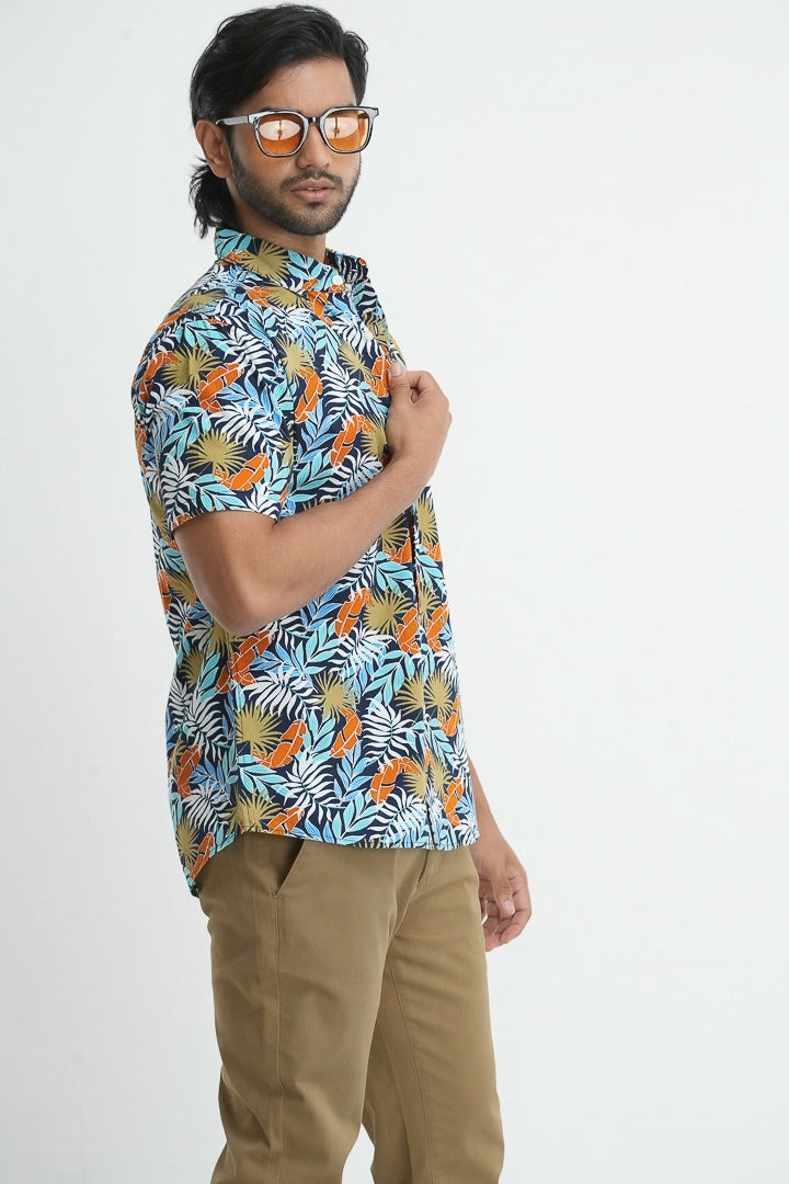 Blue Tropical Cotton Printed Shirt