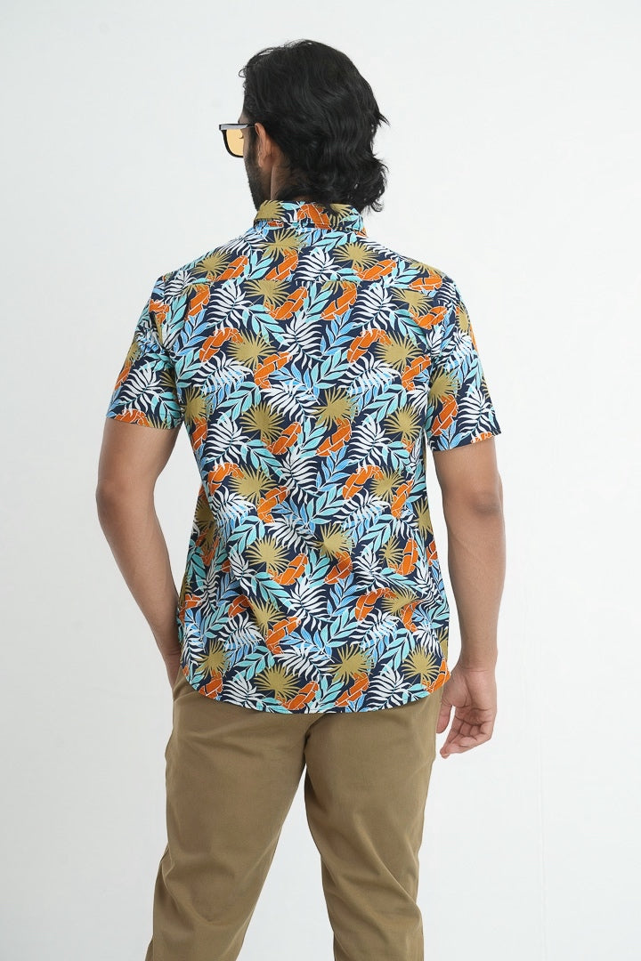 Blue Tropical Cotton Printed Shirt