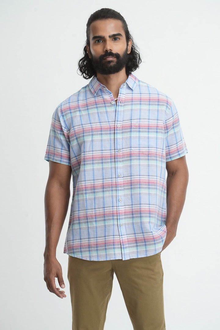 Linen Cotton Checkered Shirt - Blue