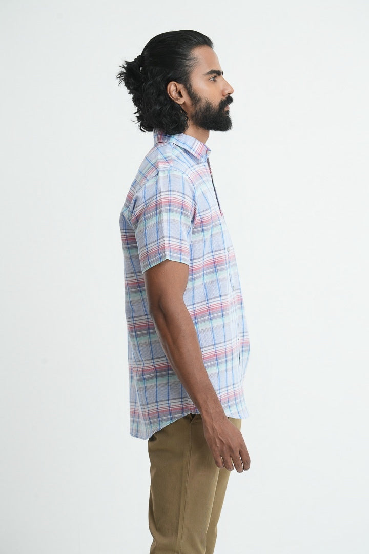 Linen Cotton Checkered Shirt - Blue