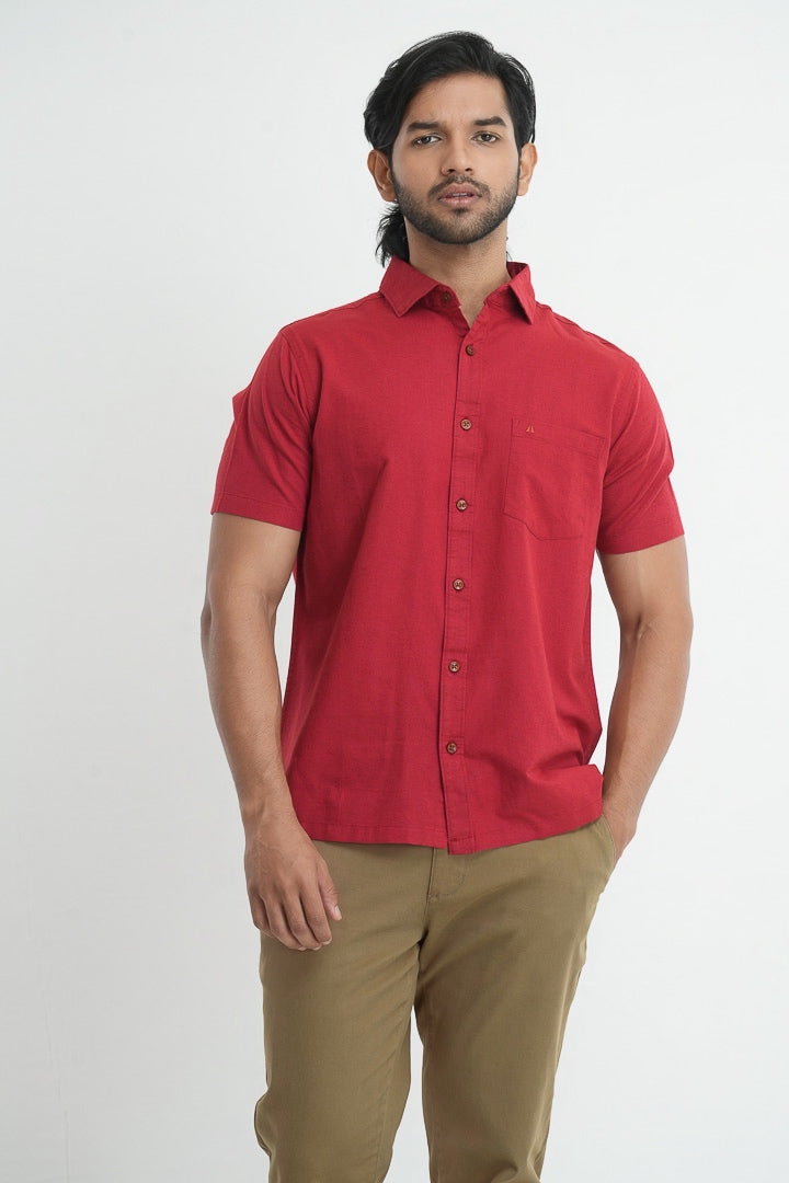 Classic Straight Cut Linen Cotton Shirt - Red