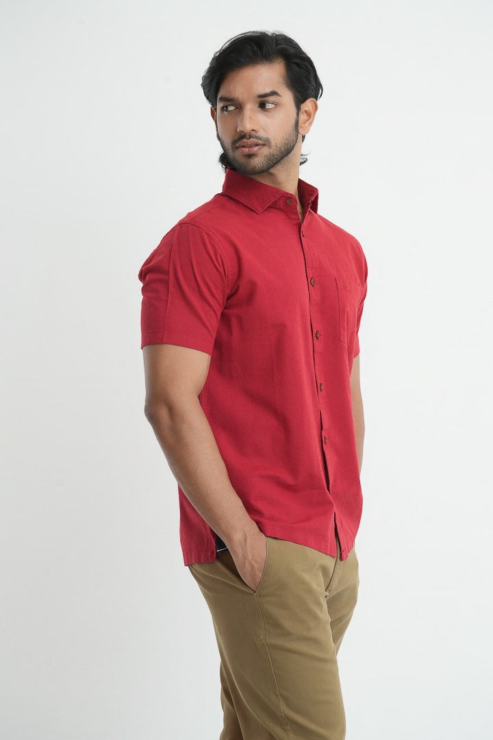 Classic Straight Cut Linen Cotton Shirt - Red