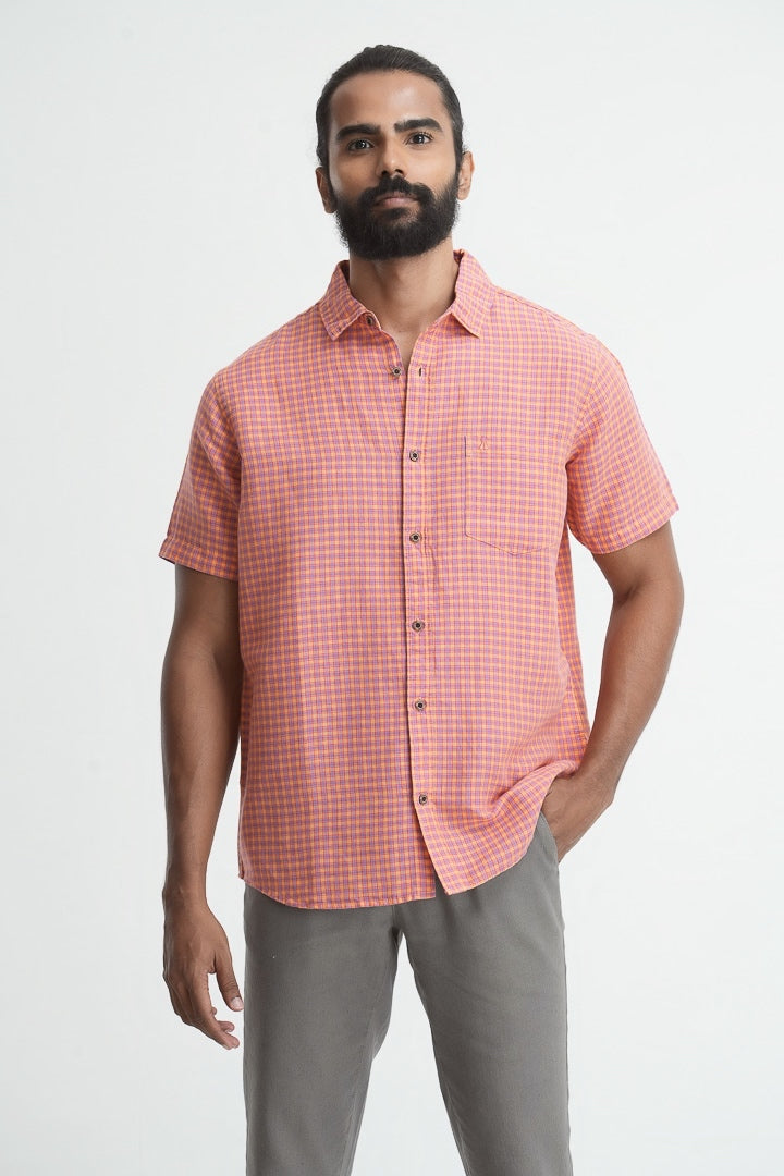 Linen Cotton Checkered Shirt - Pink