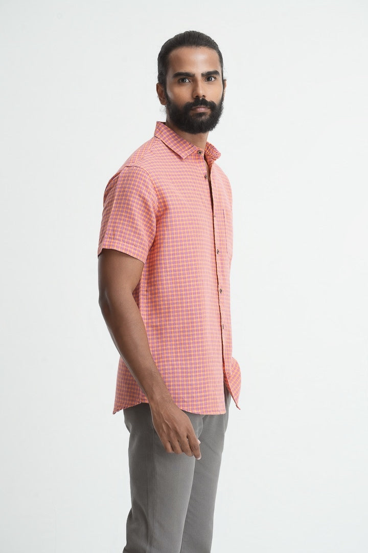 Linen Cotton Checkered Shirt - Pink