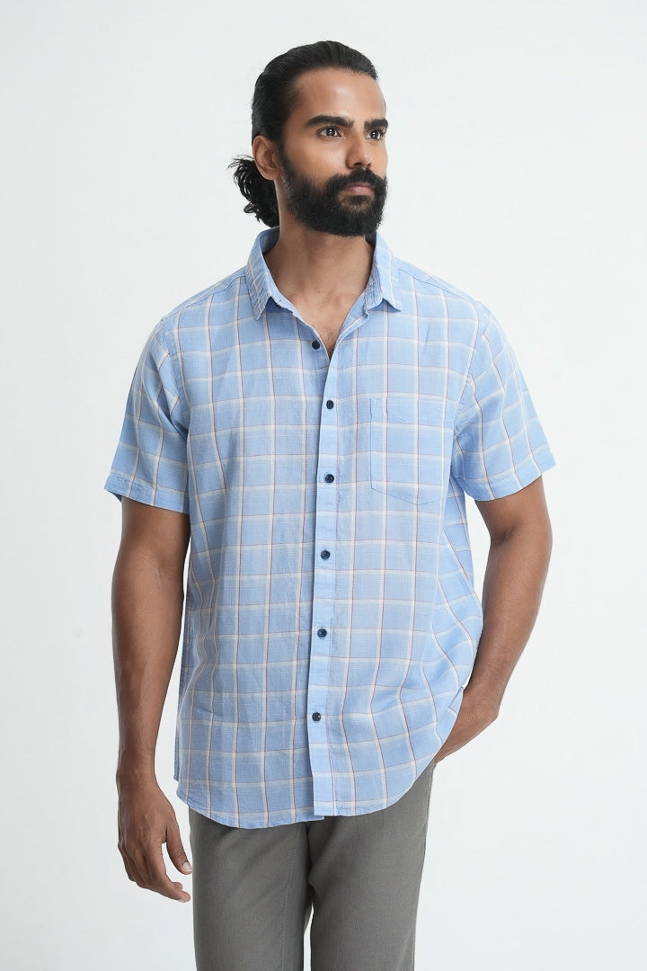 Linen Cotton Checkered Shirt - Sky Blue