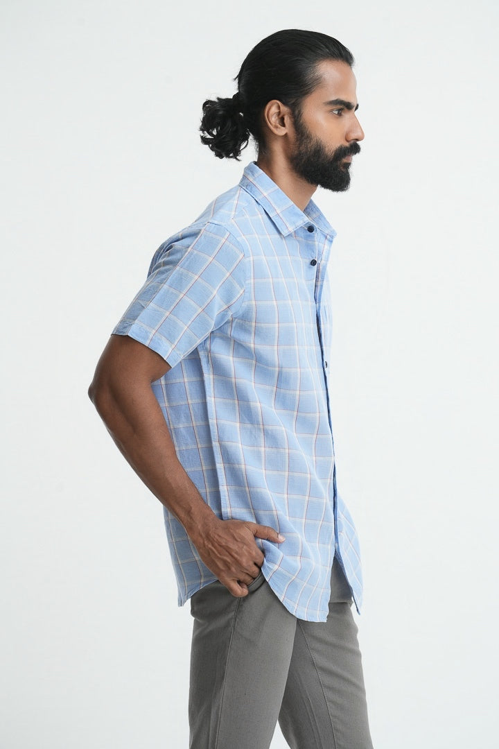 Linen Cotton Checkered Shirt - Sky Blue