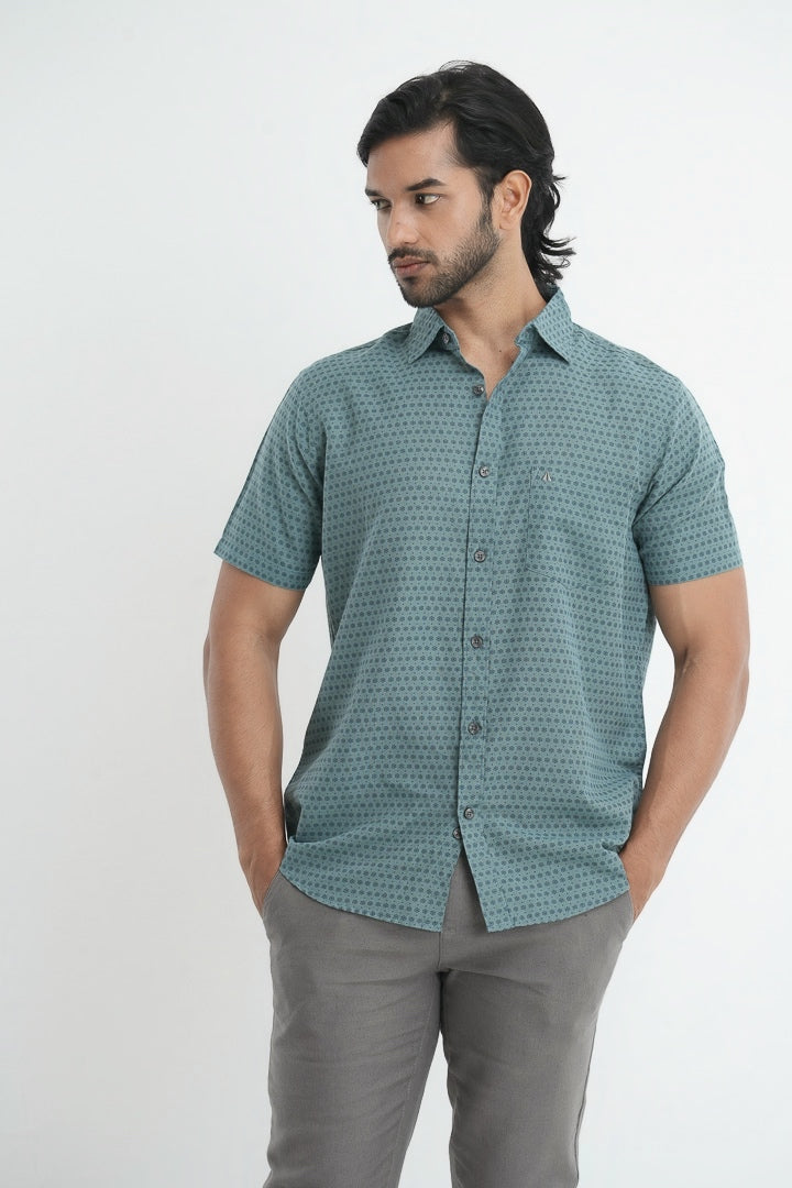 Printed linen cotton shirt - Teal