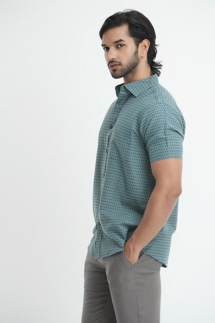 Printed linen cotton shirt - Teal