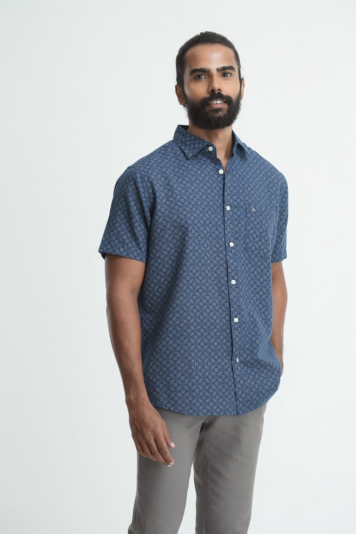 Printed linen cotton shirt - Navy Blue