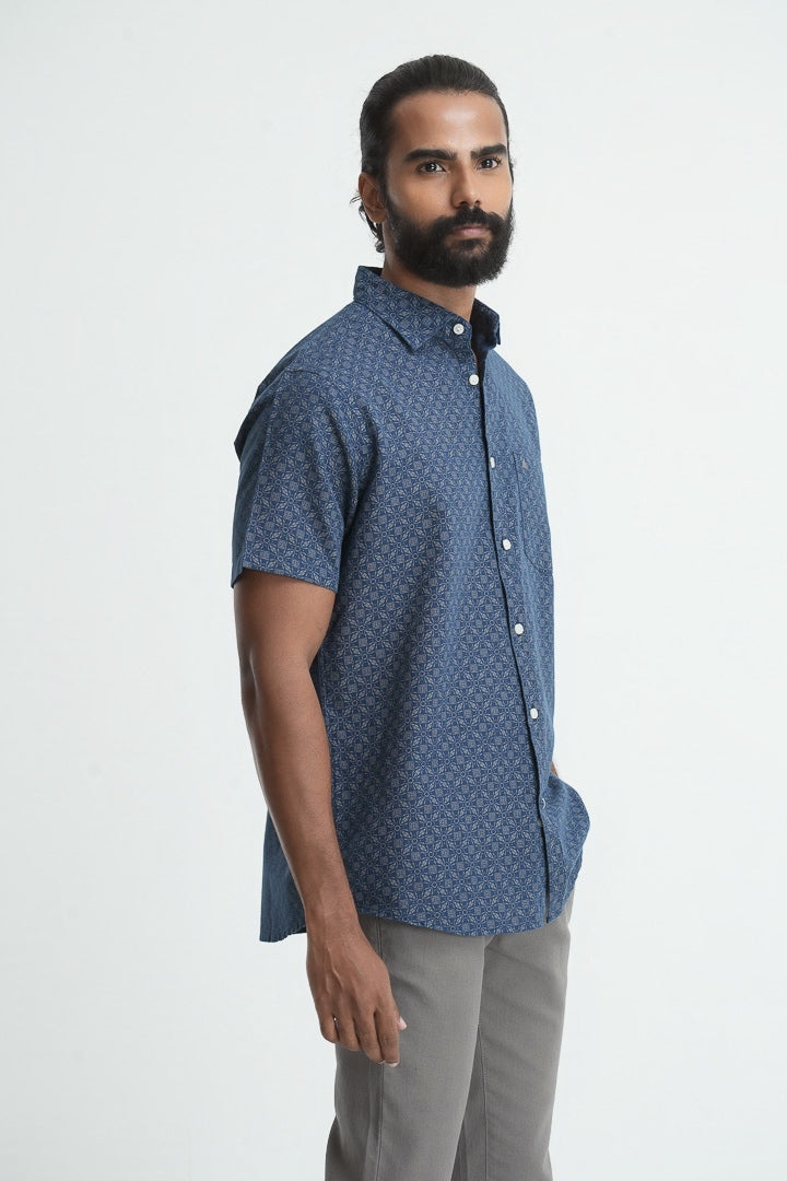 Printed linen cotton shirt - Navy Blue