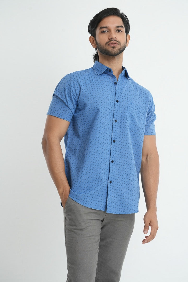 Printed linen cotton shirt - Blue