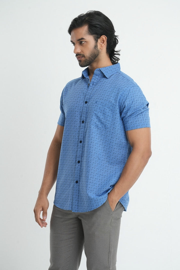 Printed linen cotton shirt - Blue