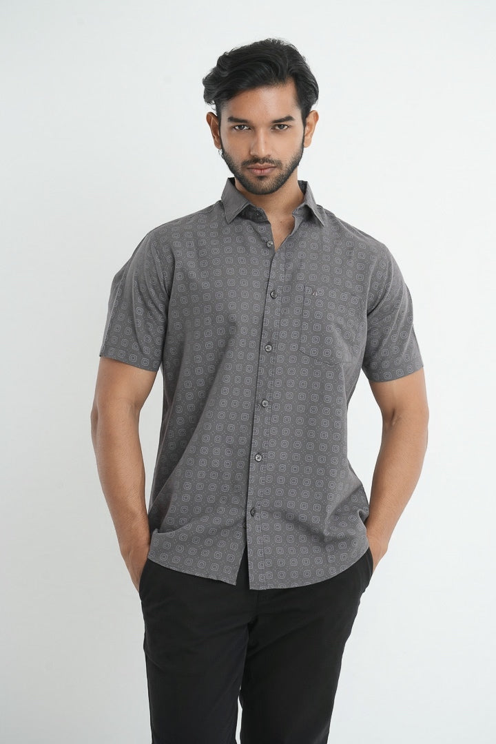 Printed linen cotton shirt - Grey