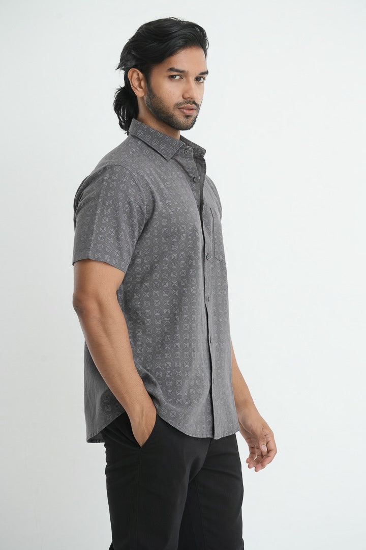 Printed linen cotton shirt - Grey