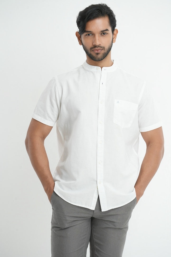 Classic Linen Cotton White Mandarin Collar Shirt