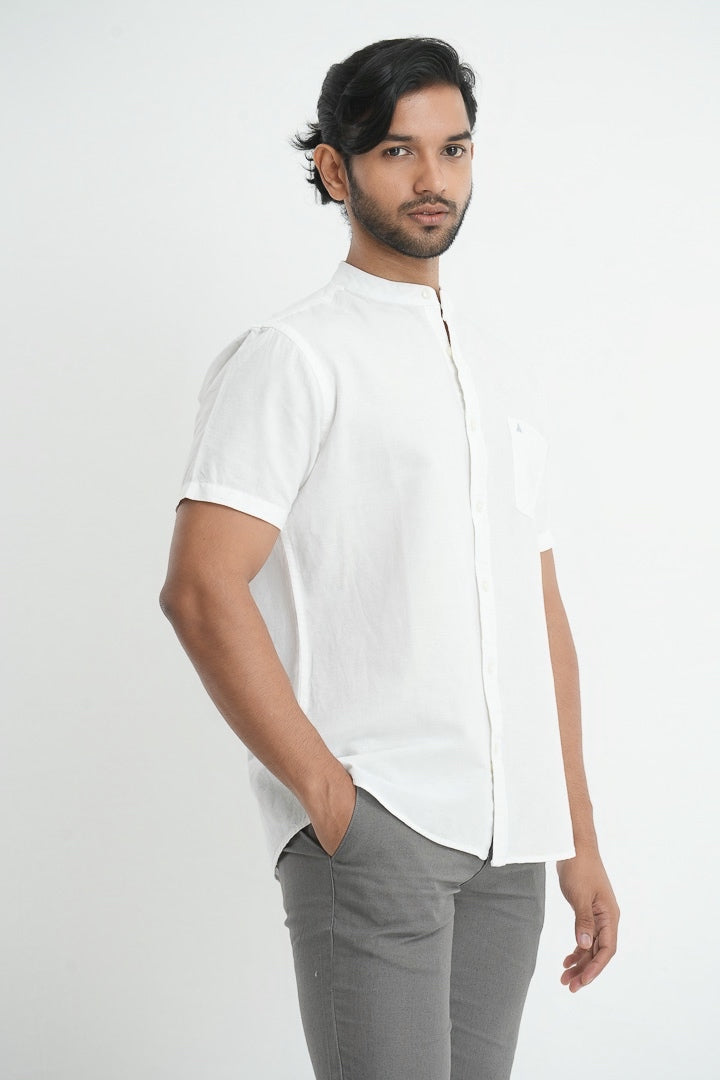 Classic Linen Cotton White Mandarin Collar Shirt