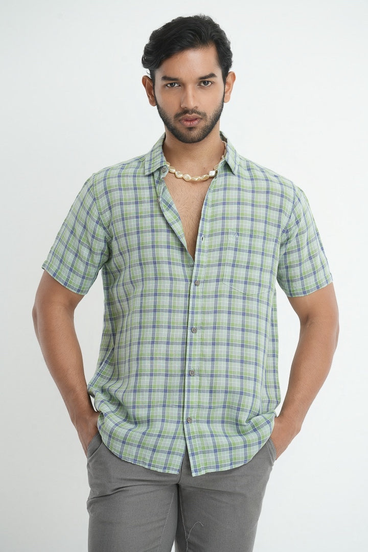 Linen Cotton Checkered Shirt - Green