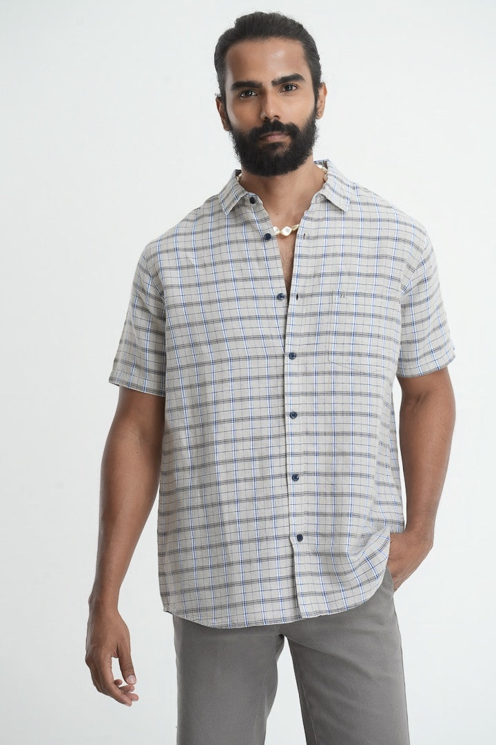 Linen Cotton Checkered Shirt - Grey