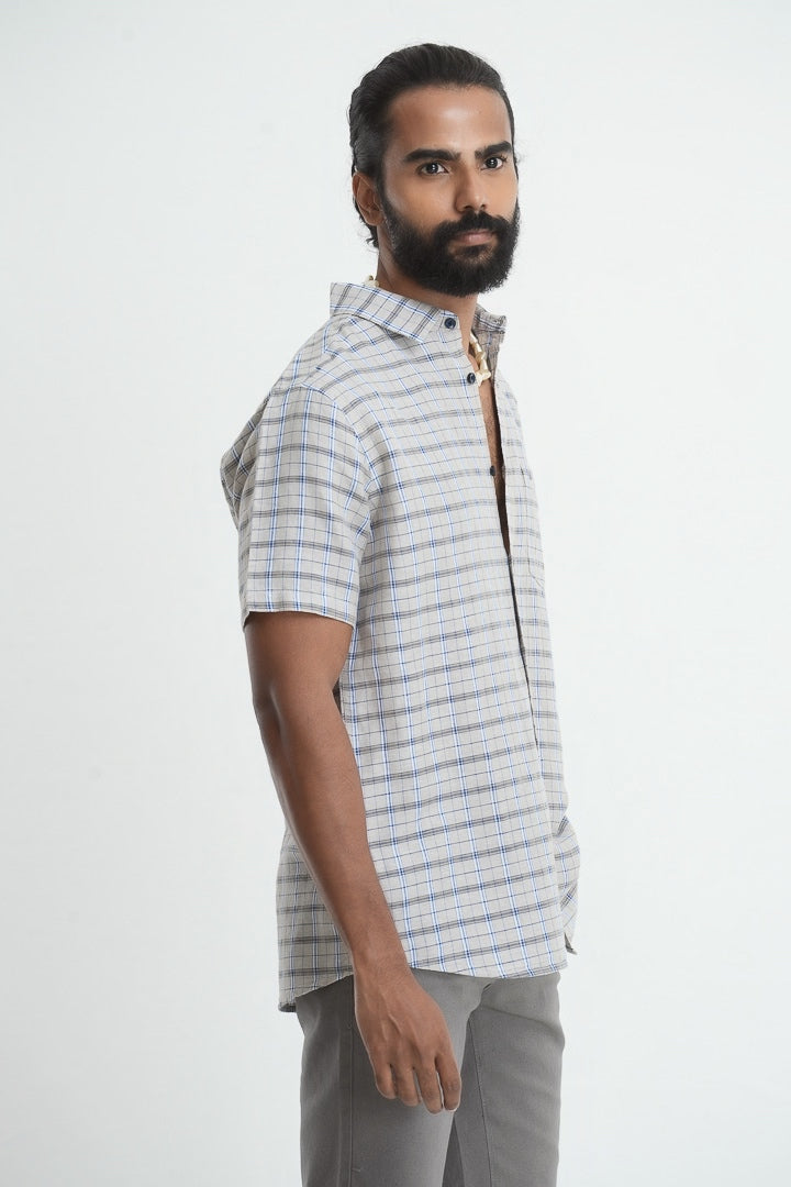 Linen Cotton Checkered Shirt - Grey