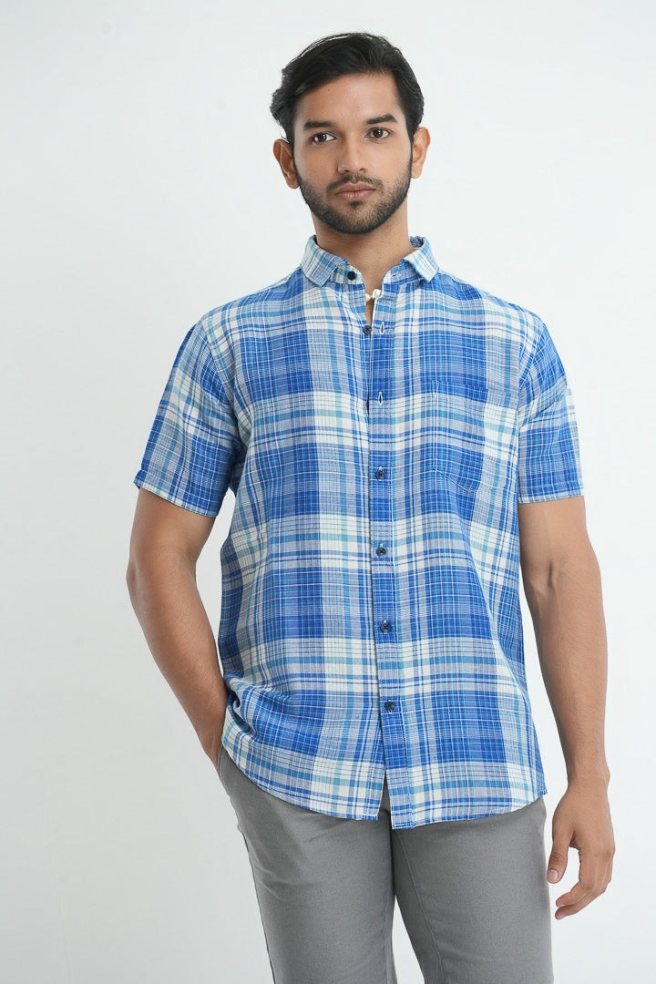 Linen Cotton Checkered Shirt - Aqua