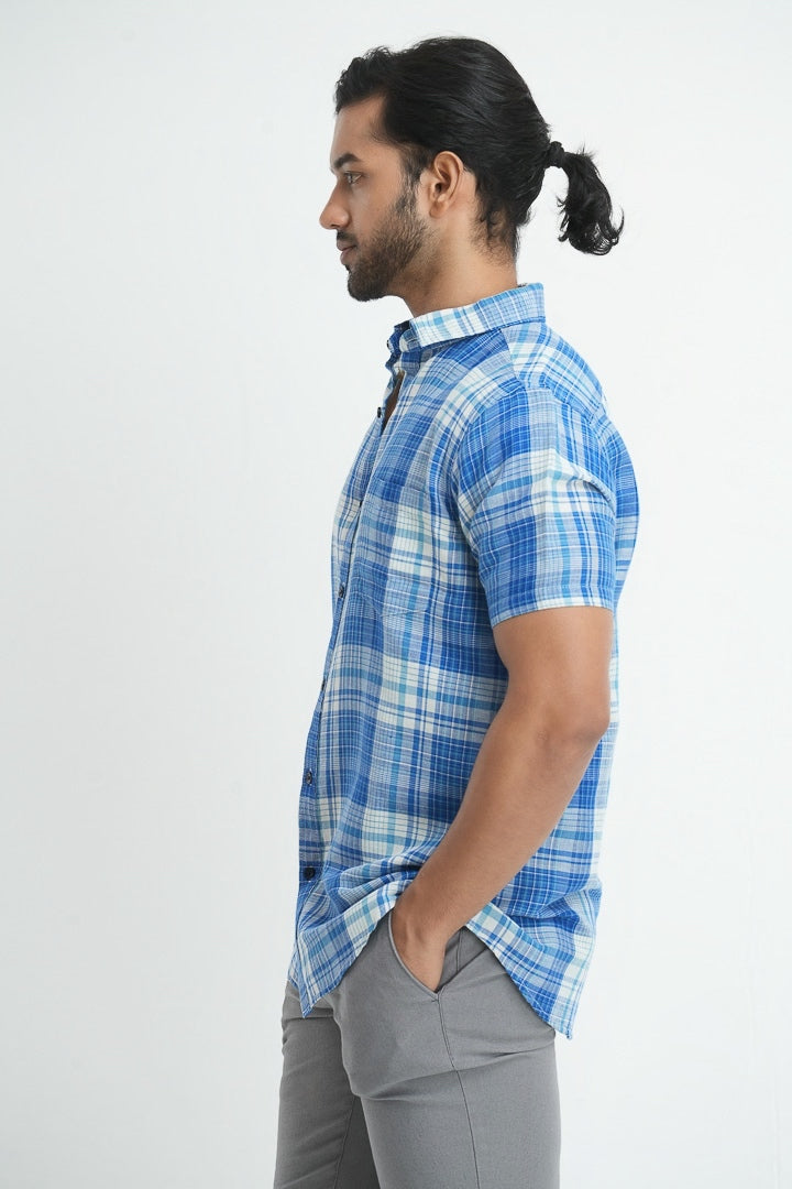 Linen Cotton Checkered Shirt - Aqua