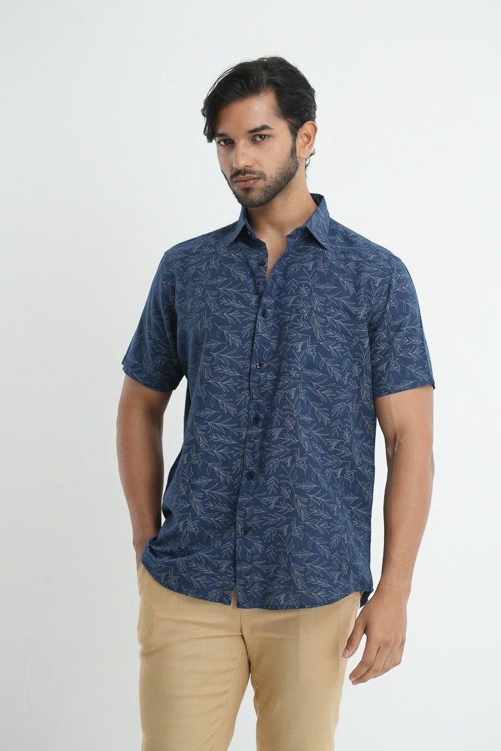 Printed linen cotton shirt - Obsidian Blue