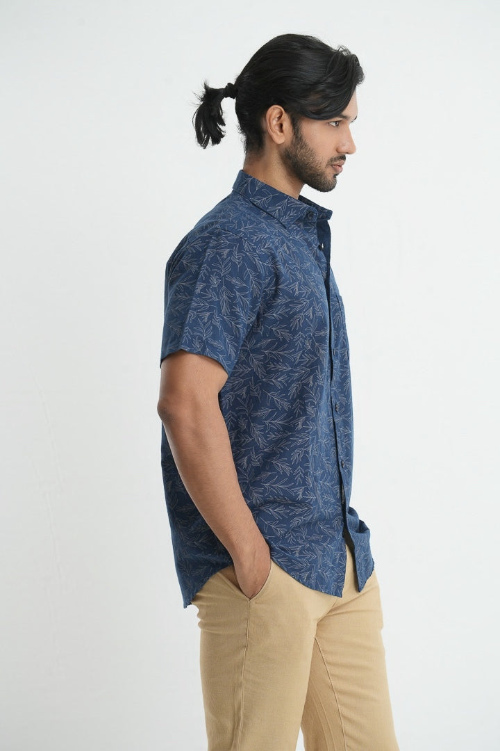 Printed linen cotton shirt - Obsidian Blue