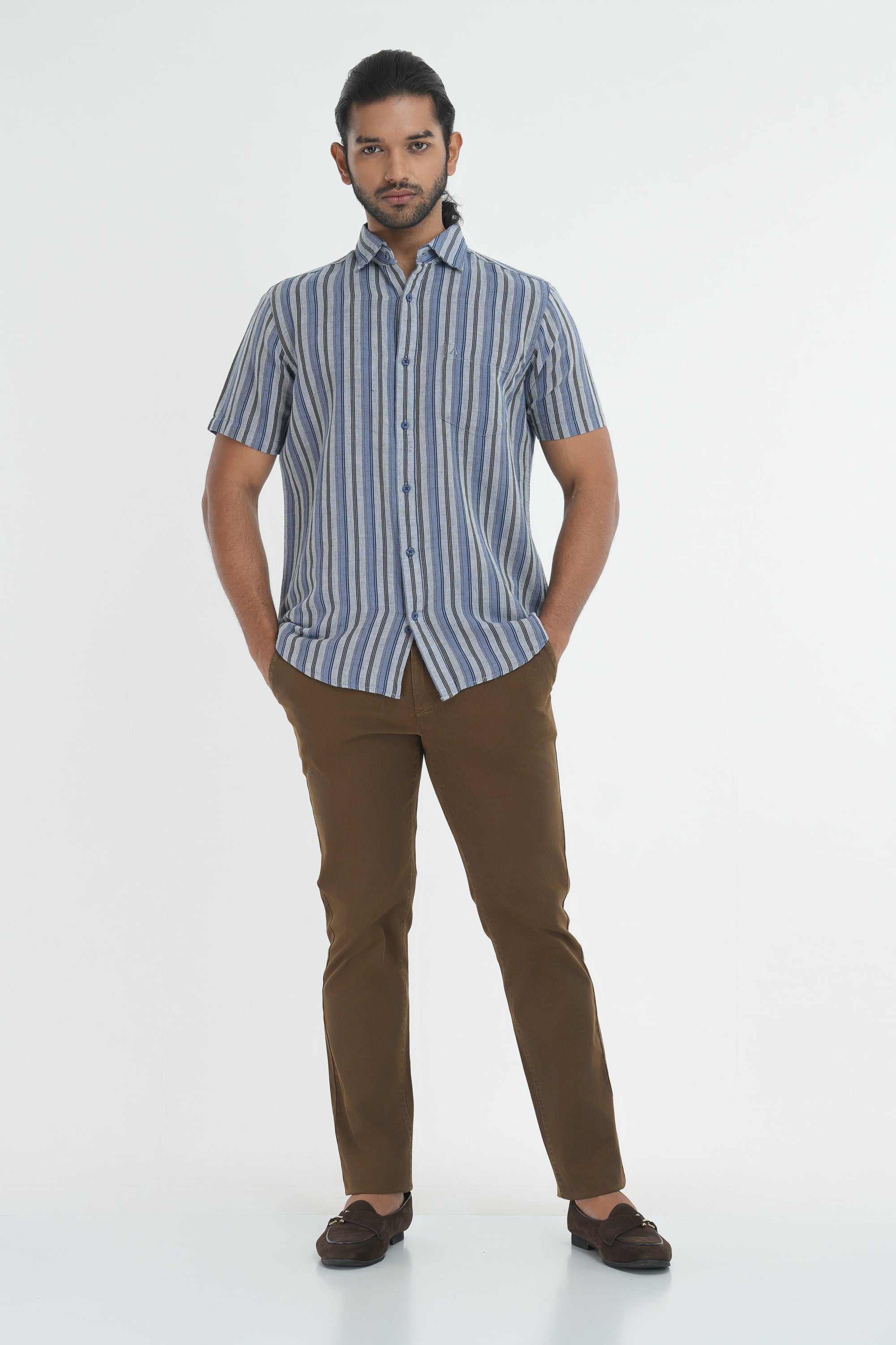 Linen Cotton Stripes Shirt - Grey