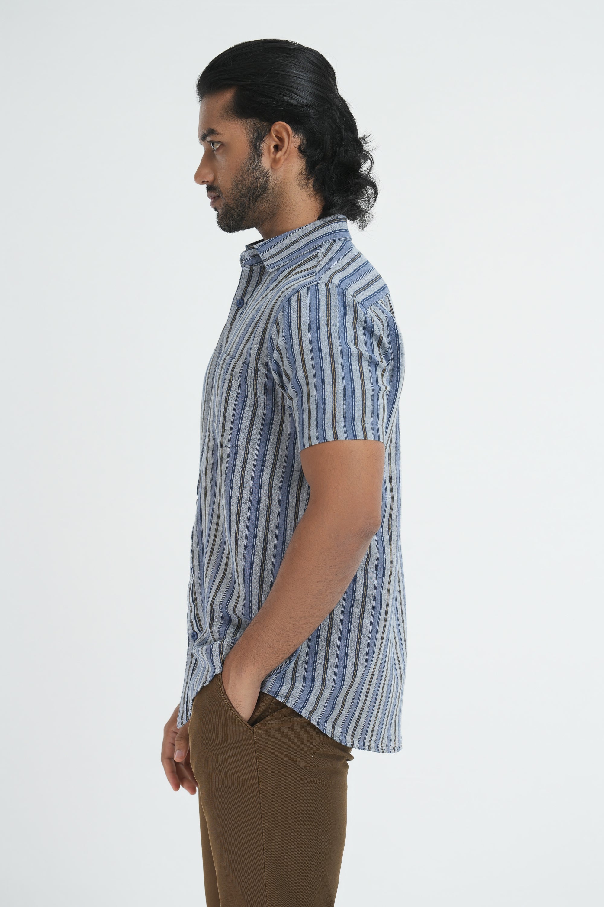 Linen Cotton Stripes Shirt - Grey