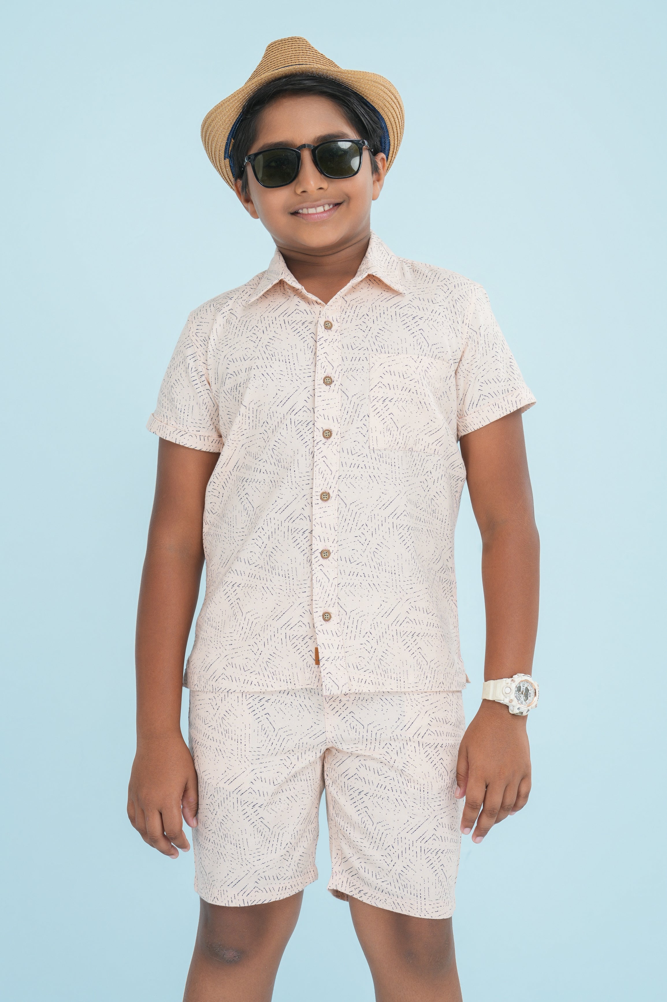 Kids’ Linen Cotton Printed Shirt & Shorts Set – Peach | AnationZ Junior