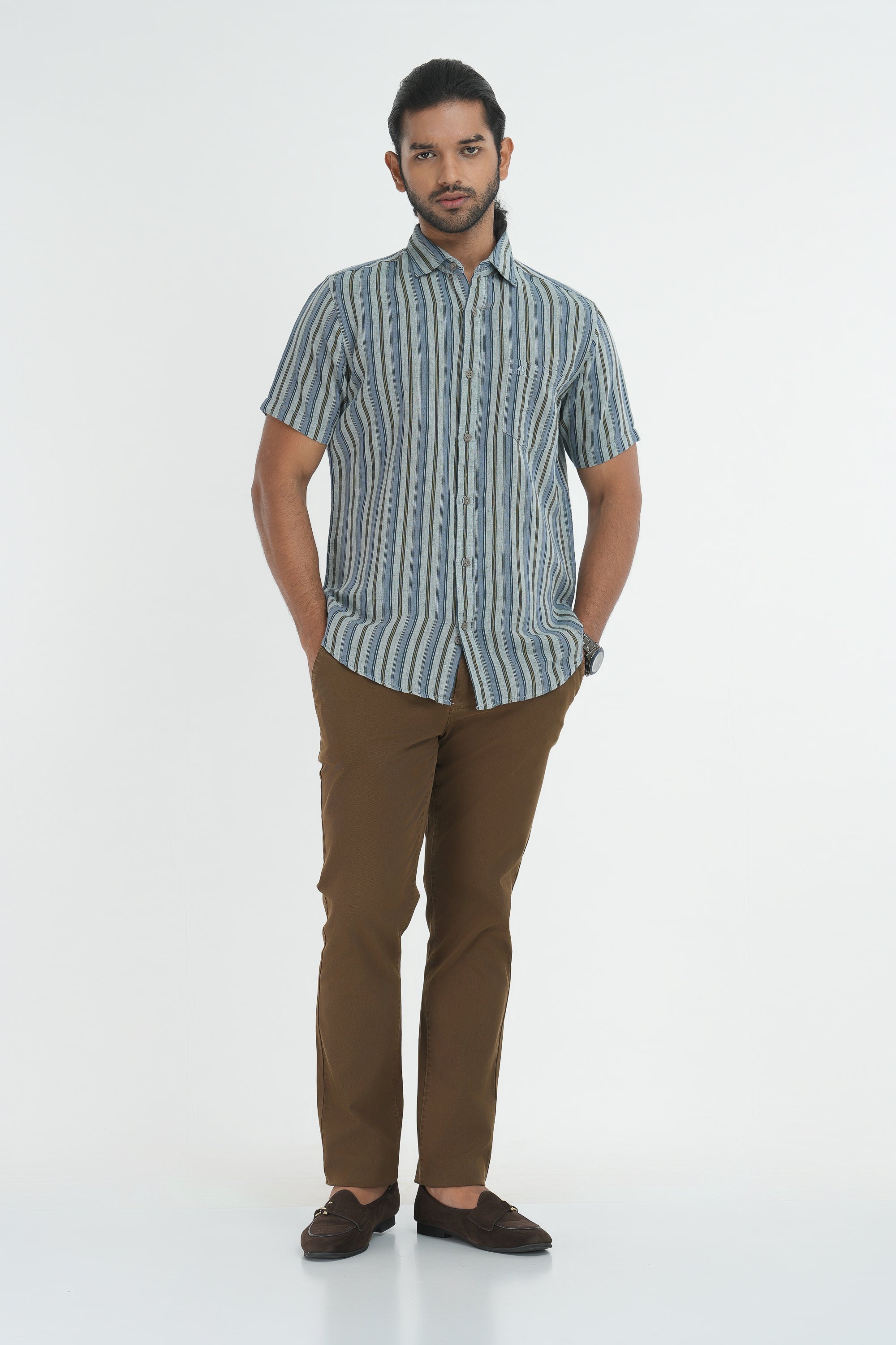 Linen Cotton Stripes Shirt - Green