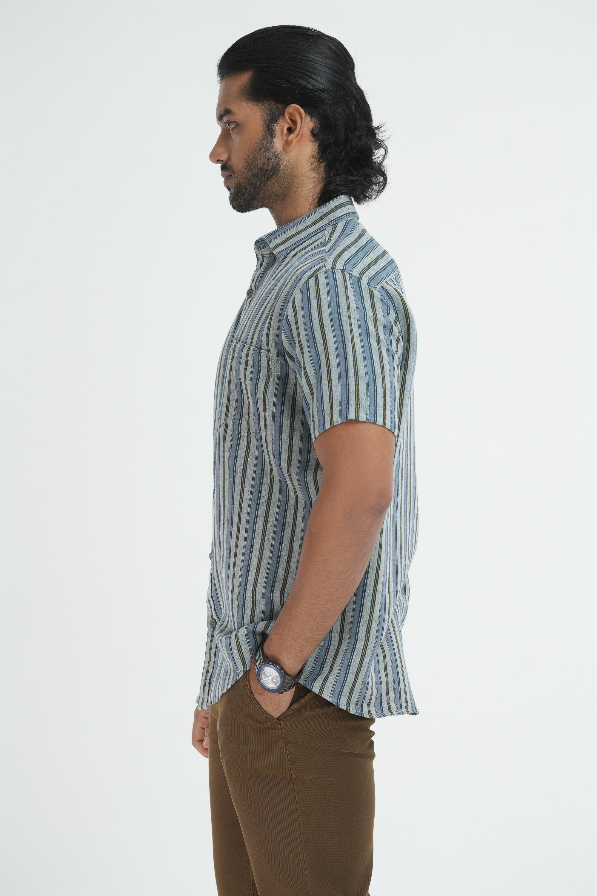 Linen Cotton Stripes Shirt - Green