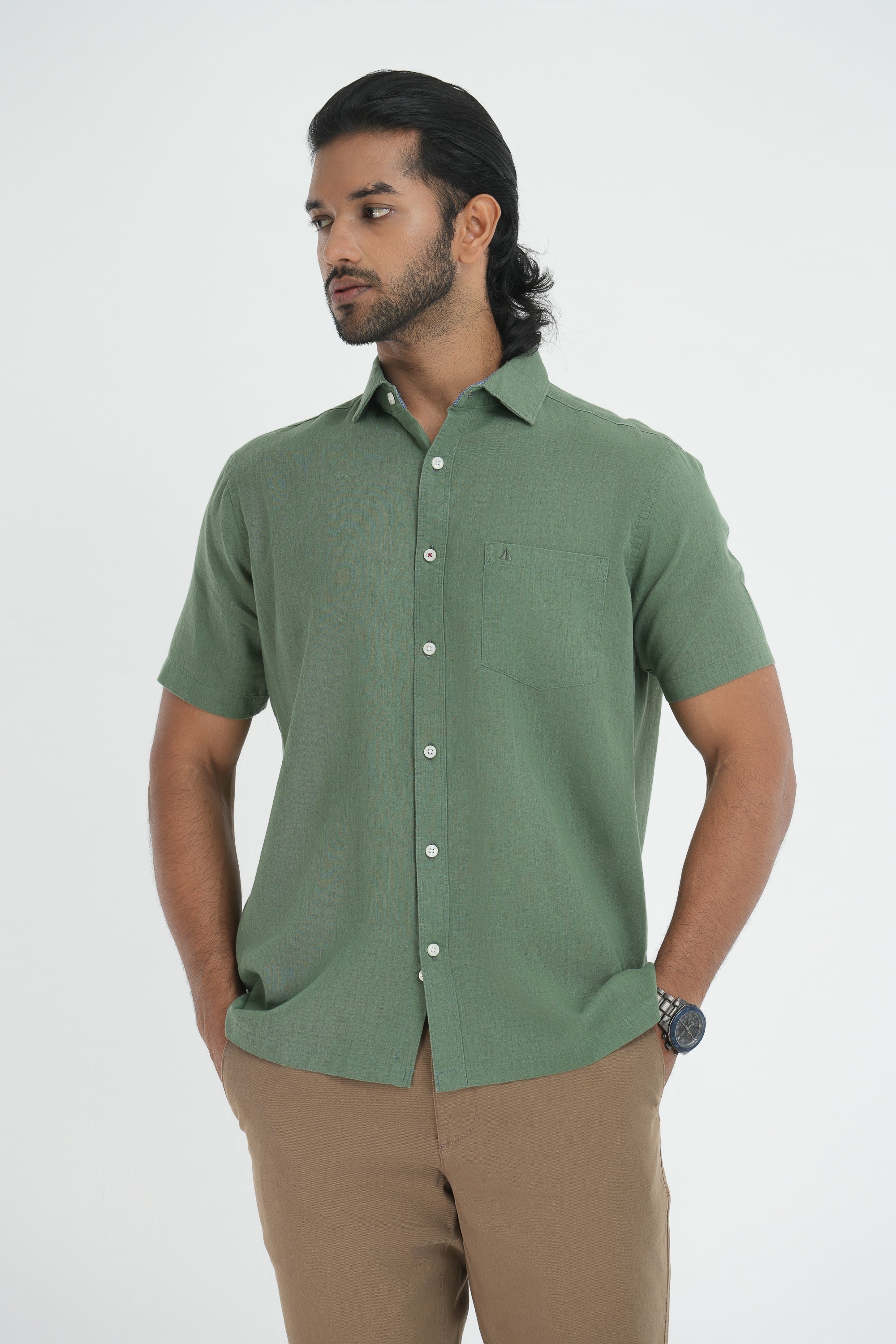 Linen Cotton Straight Cut Shirt - Olive