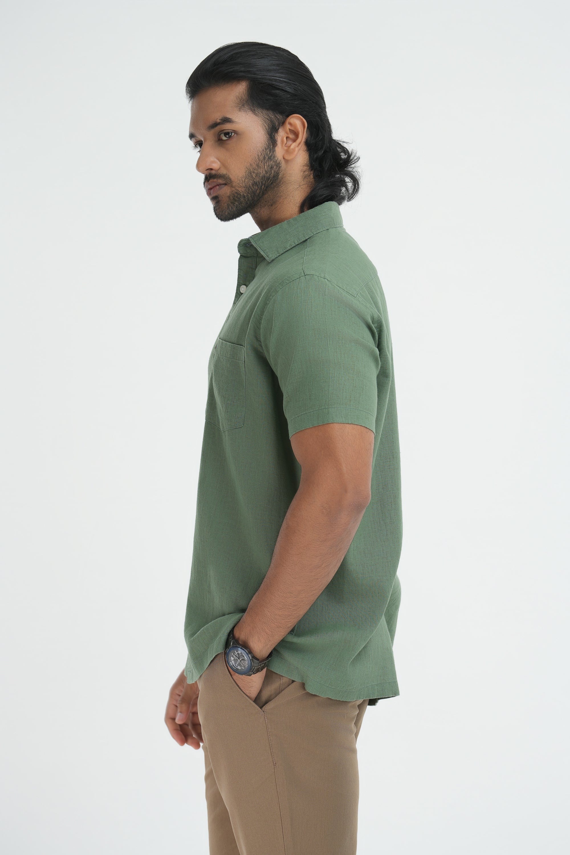 Linen Cotton Straight Cut Shirt - Olive