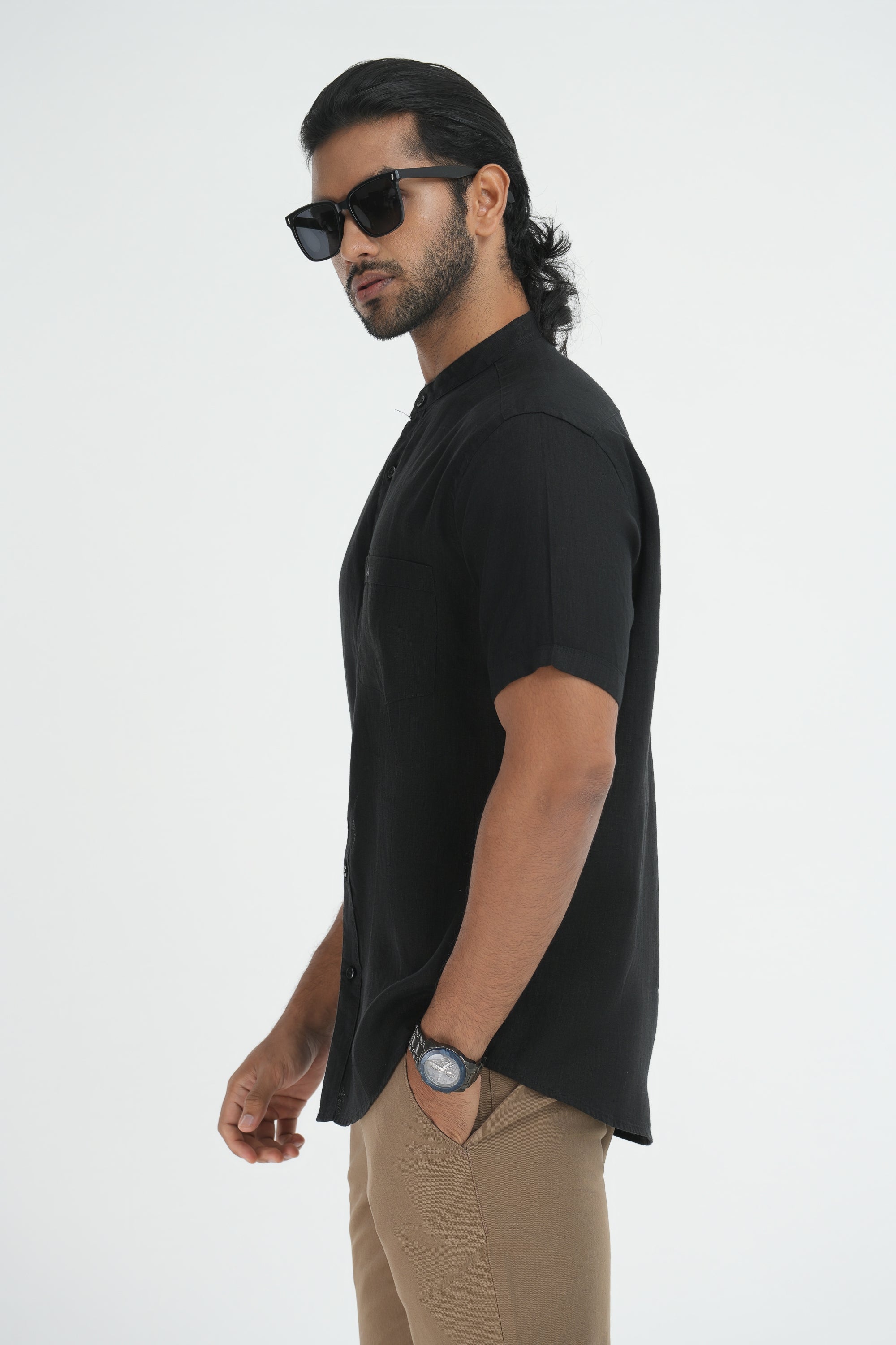 100% Linen Chinese Collar Shirt - Black