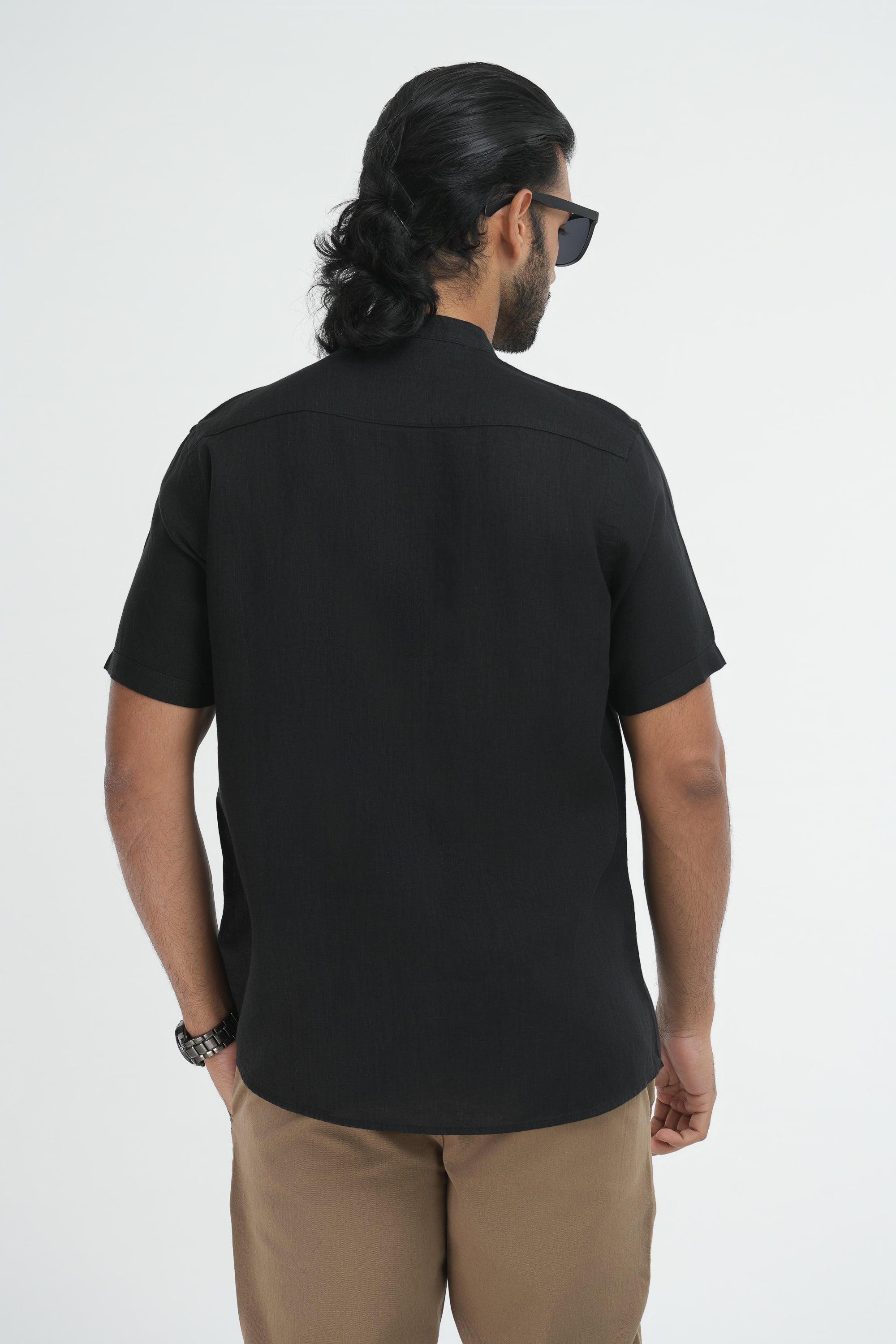 100% Linen Chinese Collar Shirt - Black