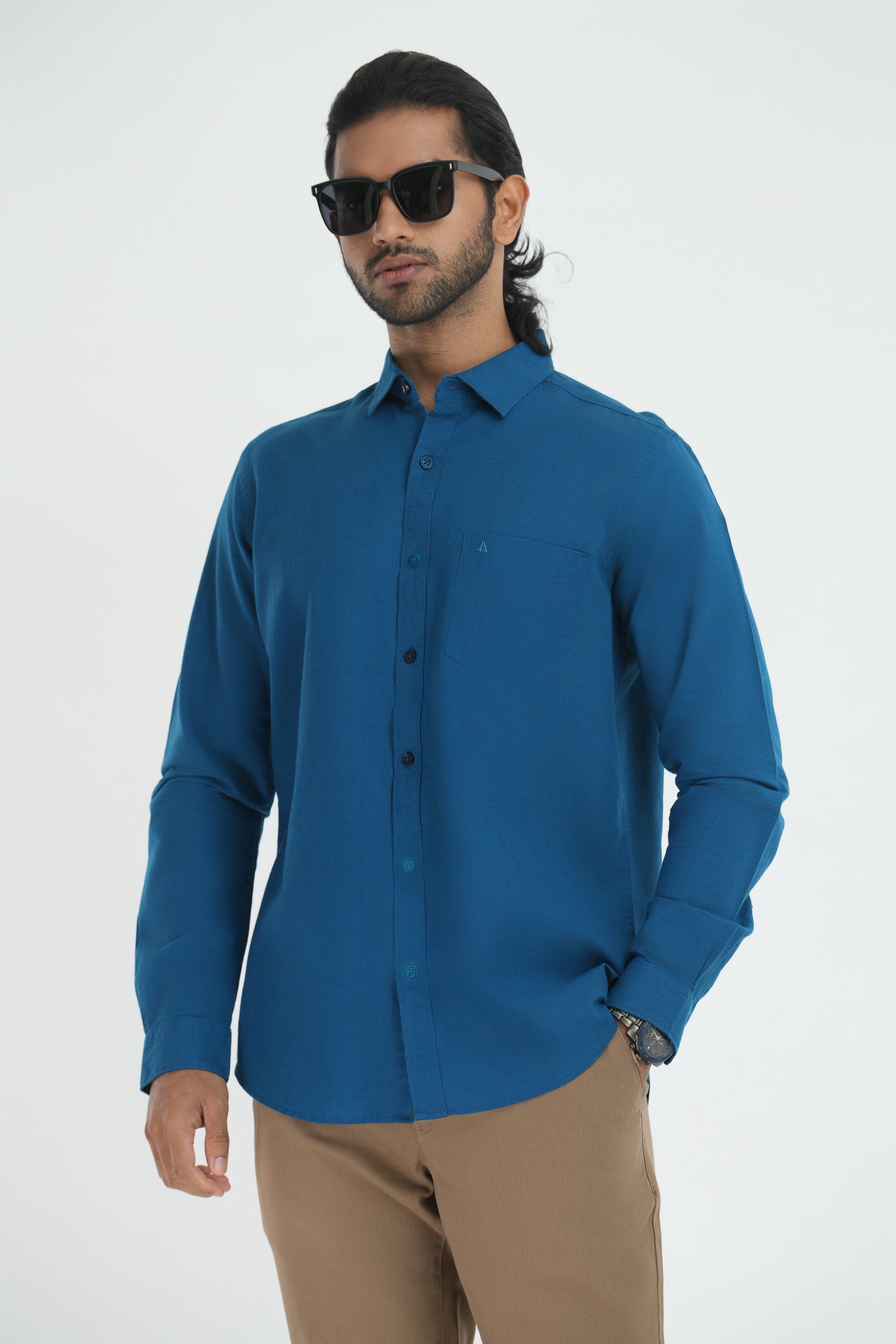 Linen Cotton Full Sleeve tailored Cut Shirt - Blue